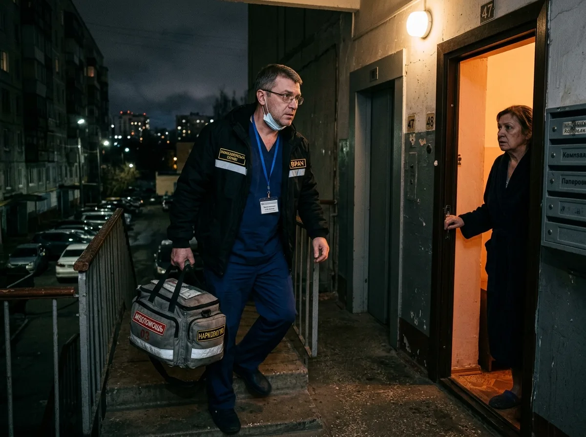 Врач-нарколог приезжает на дом к пациенту ночью, медицинская сумка, Москва, ощущение срочности и профессионализма