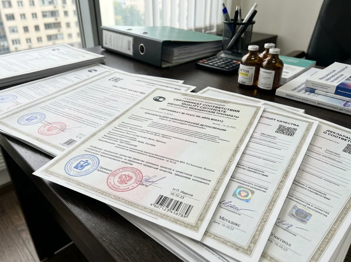 Сертификаты качества на медицинские препараты импортного производства для наркологической детоксикации